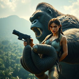 In a thrilling scene, giant King Kong gently holds Lara Croft in his massive hand