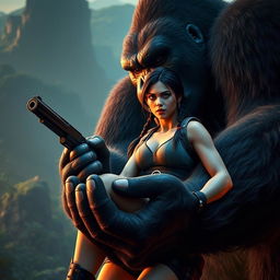 In a thrilling scene, giant King Kong gently holds Lara Croft in his massive hand