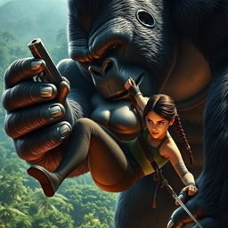 In a thrilling scene, giant King Kong gently holds Lara Croft in his massive hand