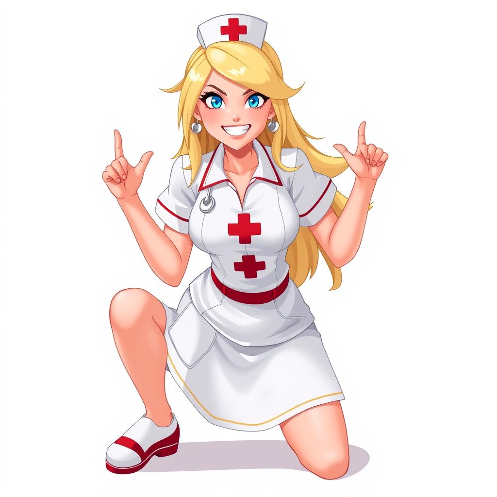 Full body, top head to bottom feet photography of a gorgeous and beautiful nurse with blonde hair