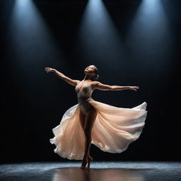 A graceful stage dancer in the middle of a breathtaking performance, under dramatic lighting