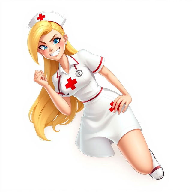 Full body, top head to bottom feet photography of a gorgeous and beautiful nurse with blonde hair