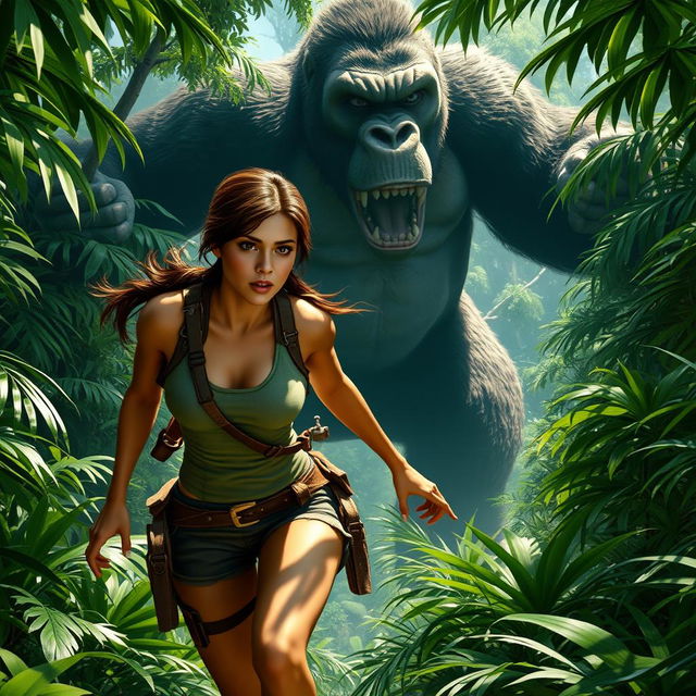 Lara Croft, in her iconic adventurer outfit complete with a tank top and shorts, agilely escaping through a dense jungle