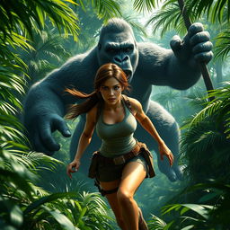 Lara Croft, in her iconic adventurer outfit complete with a tank top and shorts, agilely escaping through a dense jungle