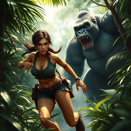 Lara Croft, in her iconic adventurer outfit complete with a tank top and shorts, agilely escaping through a dense jungle