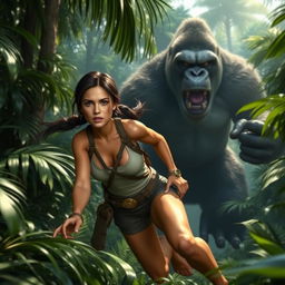 Lara Croft, in her iconic adventurer outfit complete with a tank top and shorts, agilely escaping through a dense jungle