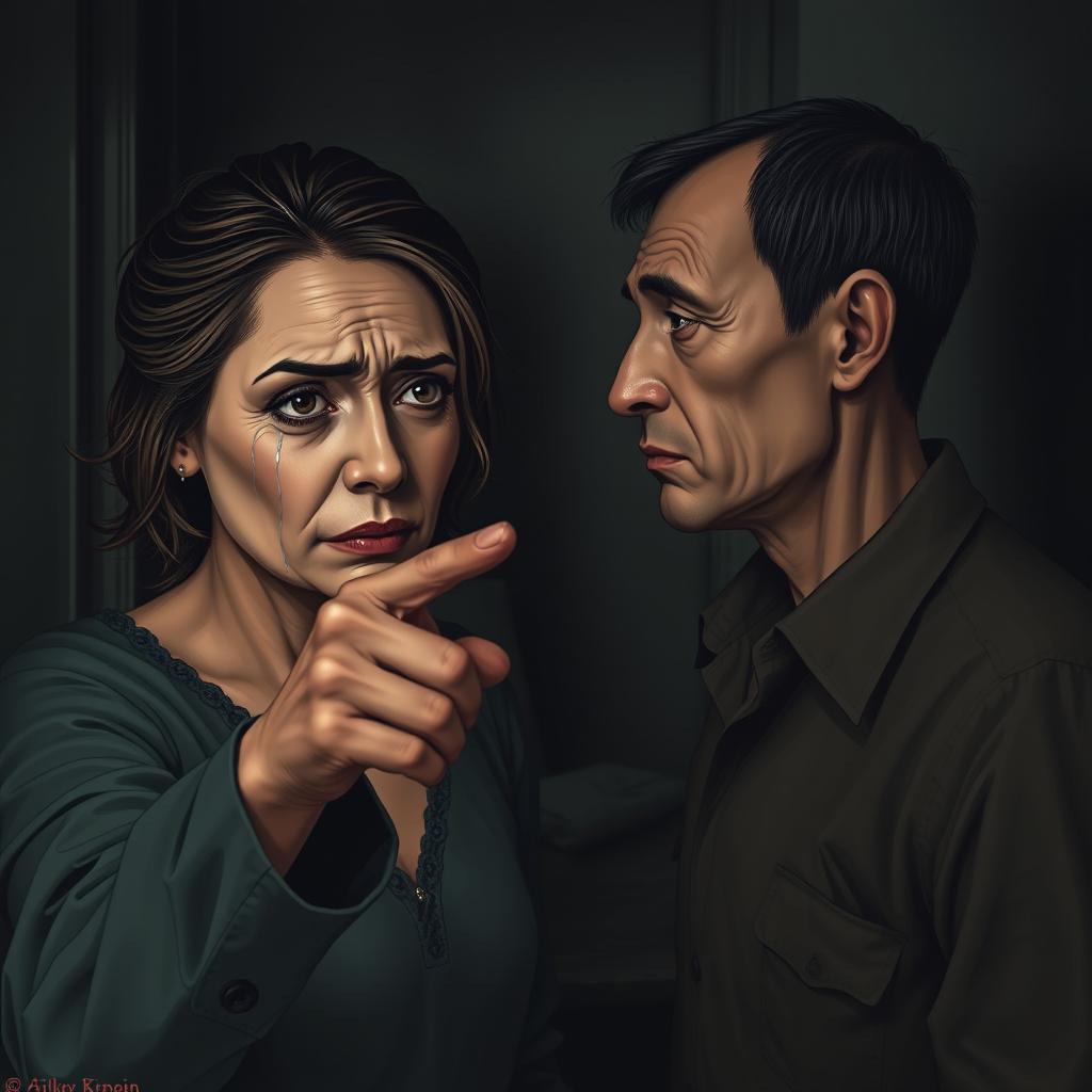 A heartbreaking scene depicting a woman with an oval face, tears streaming down her cheeks, pointing an accusatory finger at her thin-bodied husband