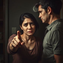 A heartbreaking scene depicting a woman with an oval face, tears streaming down her cheeks, pointing an accusatory finger at her thin-bodied husband