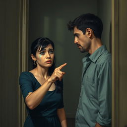 A heartbreaking scene depicting a woman with an oval face, tears streaming down her cheeks, pointing an accusatory finger at her thin-bodied husband