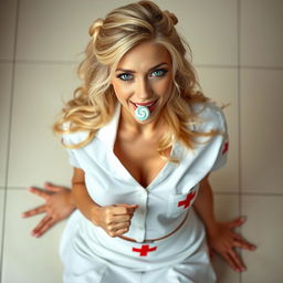 Full body, top head to bottom feet photography of a gorgeous and beautiful nurse with blonde hair