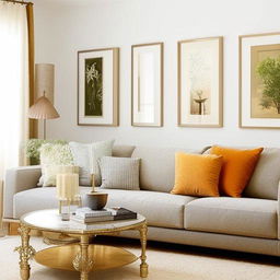 A luxurious yet budget-friendly living room featuring affordable yet elegant furniture, attractive low-cost art pieces, and warm, ambient lighting.