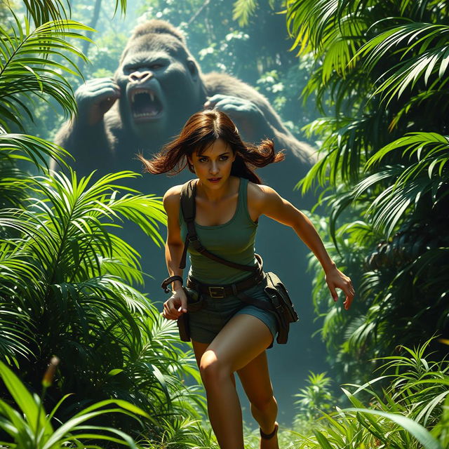 Lara Croft, in her iconic adventurer outfit with a tank top and shorts, is in full sprint through a dense jungle