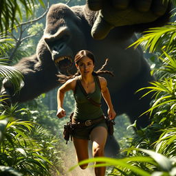 Lara Croft, in her iconic adventurer outfit with a tank top and shorts, is in full sprint through a dense jungle