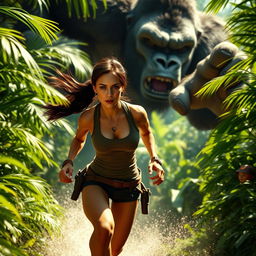 Lara Croft, in her iconic adventurer outfit with a tank top and shorts, is in full sprint through a dense jungle