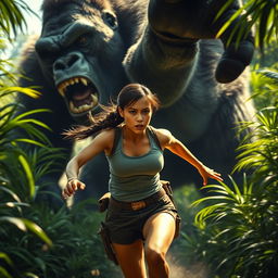 Lara Croft, in her iconic adventurer outfit with a tank top and shorts, is in full sprint through a dense jungle