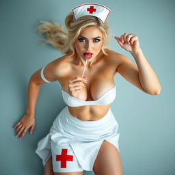 Full body, top head to bottom feet photography of a gorgeous and beautiful nurse with blonde hair, featuring prominently big breasts