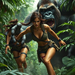 Lara Croft, wearing a sexy adventurer outfit that showcases her athletic figure, is dashing through a dense jungle