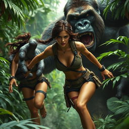 Lara Croft, wearing a sexy adventurer outfit that showcases her athletic figure, is dashing through a dense jungle