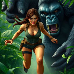 Lara Croft, wearing a sexy adventurer outfit that showcases her athletic figure, is dashing through a dense jungle