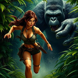 Lara Croft, wearing a sexy adventurer outfit that showcases her athletic figure, is dashing through a dense jungle