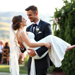 A slim-bodied groom in a sleek black suit, featuring a long face and holding the bride in a stunning white dress tenderly in his arms, with a faint, gentle smile