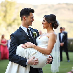 A slim-bodied groom in a sleek black suit, featuring a long face and holding the bride in a stunning white dress tenderly in his arms, with a faint, gentle smile