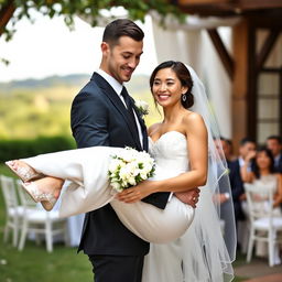 A slim-bodied groom in a sleek black suit, featuring a long face and holding the bride in a stunning white dress tenderly in his arms, with a faint, gentle smile