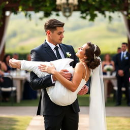 A slim-bodied groom in a sleek black suit, featuring a long face and holding the bride in a stunning white dress tenderly in his arms, with a faint, gentle smile