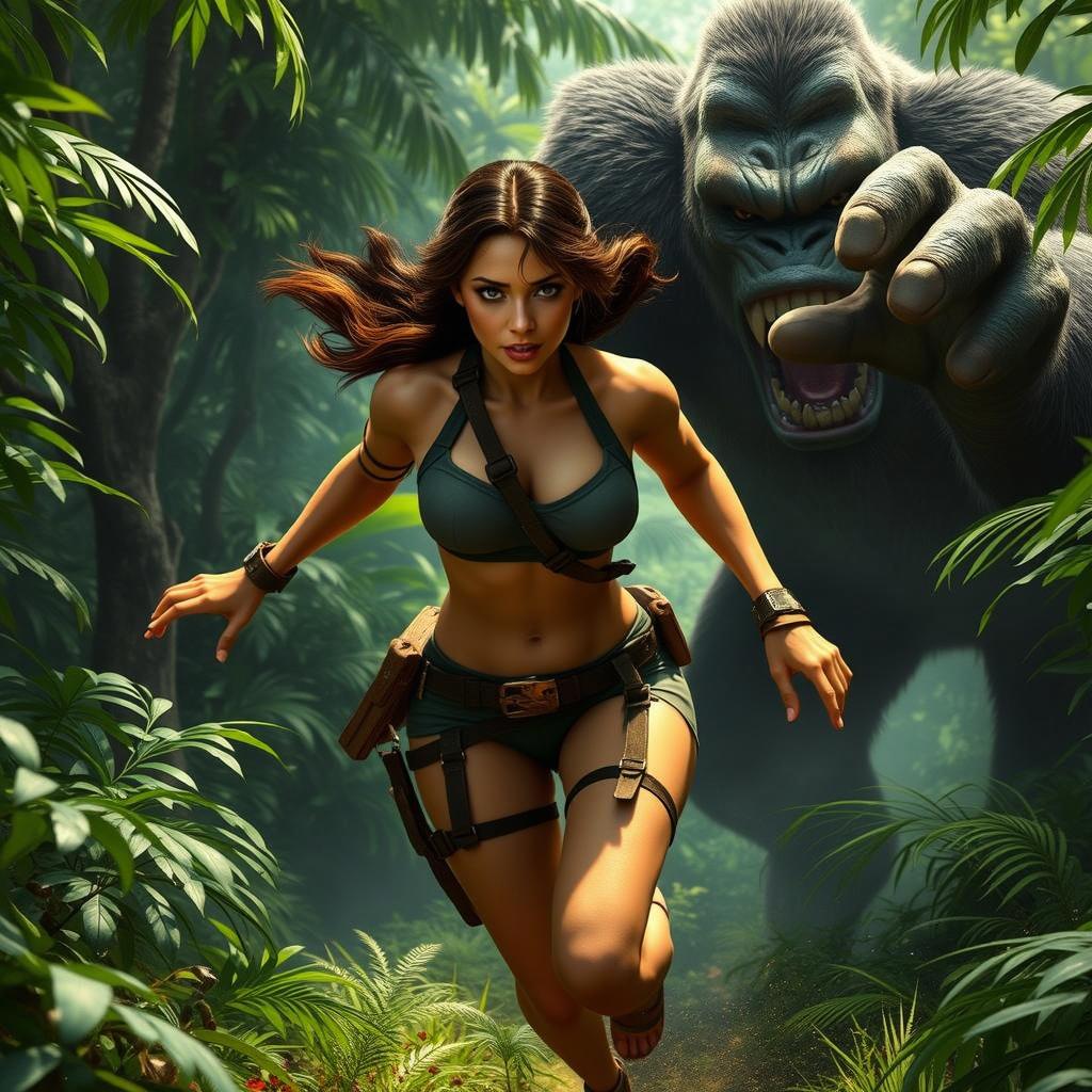 A brave adventurer with brown hair, wearing a green crop top and shorts, dashing through a dense jungle