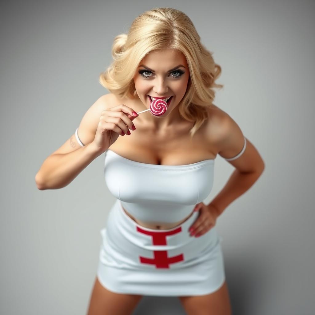 Full body, top head to bottom feet photography of a gorgeous nurse with blonde hair and prominently big breasts