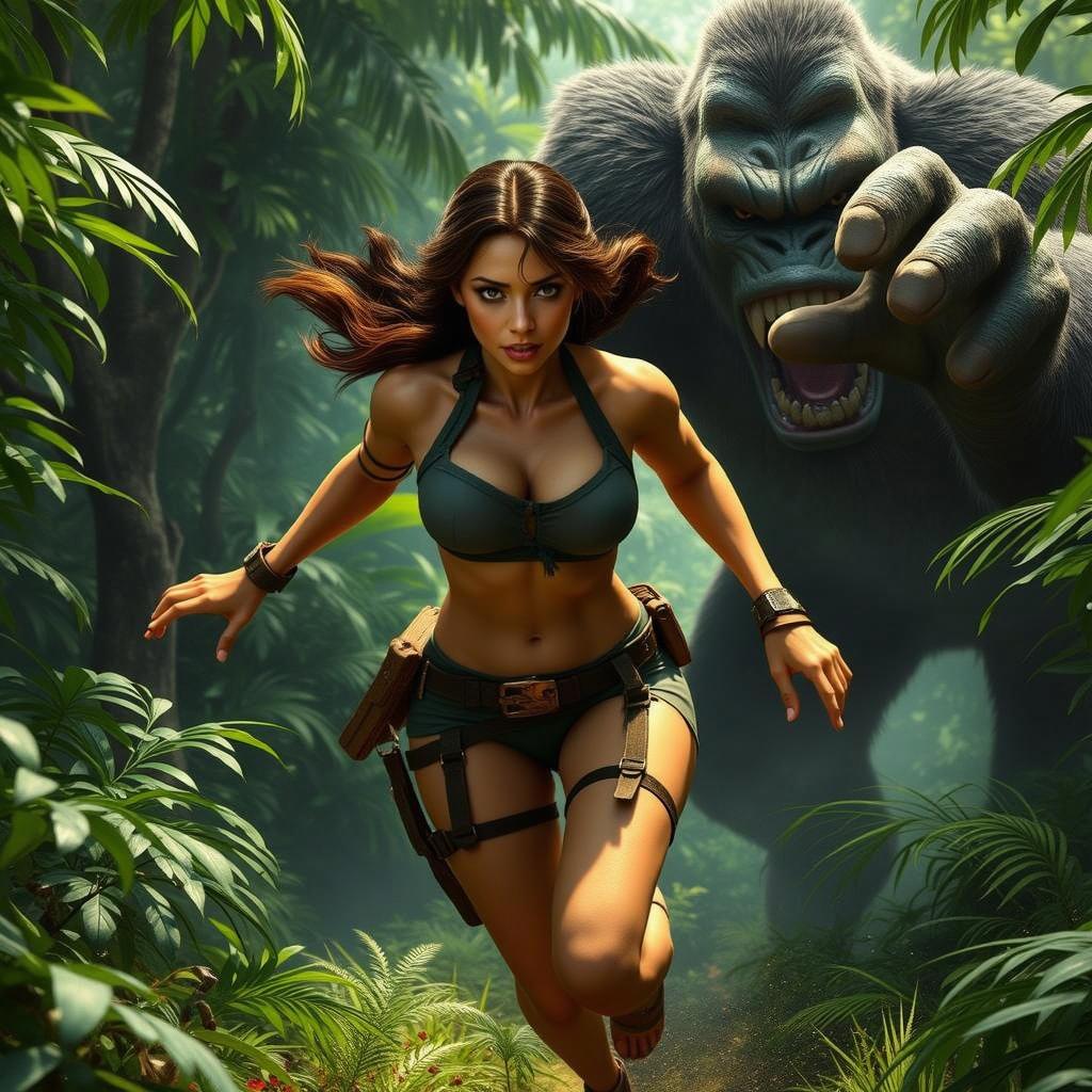 A dynamic chase scene in a dense jungle with Lara Croft, wearing a combat tank top and tactical shorts, running with intense determination