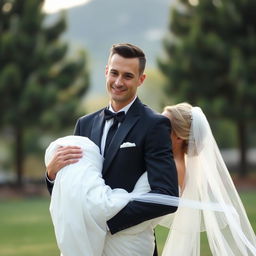 A slim-bodied groom wearing an elegant black suit, characterized by a long face, holding his beautiful bride in a flowing white dress in his arms