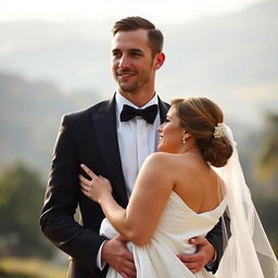 A slim-bodied groom wearing an elegant black suit, characterized by a long face, holding his beautiful bride in a flowing white dress in his arms