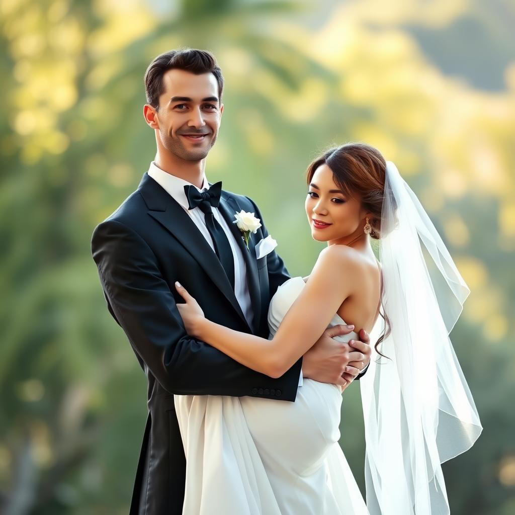 A slim-bodied groom wearing an elegant black suit, characterized by a long face, holding his beautiful bride in a flowing white dress in his arms