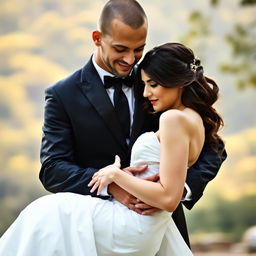 A slim-bodied groom wearing an elegant black suit, characterized by a long face, holding his beautiful bride in a flowing white dress in his arms