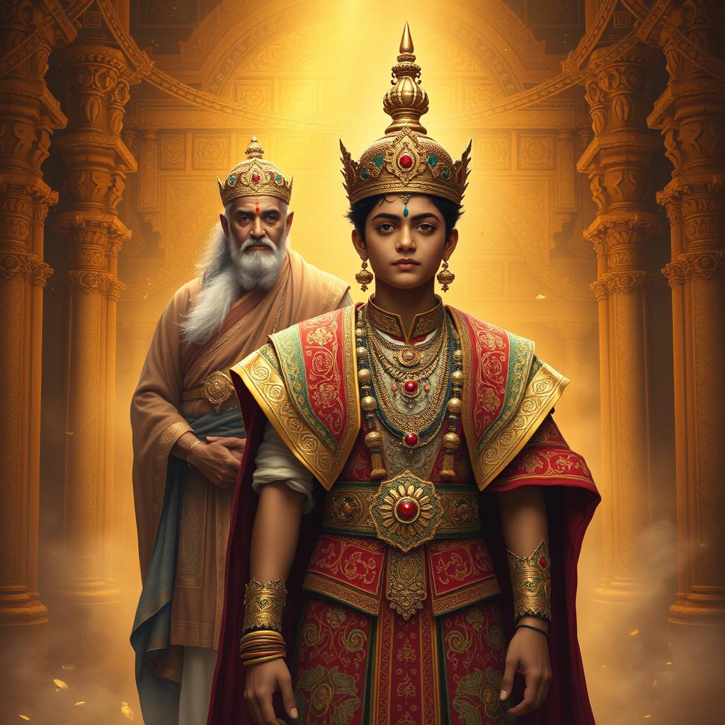 Prince Wicitrawirya, at the youthful age of 17, is portrayed stepping into his role as king, dressed in elaborate Mahabharata-inspired royal attire adorned with intricate patterns and vibrant colors