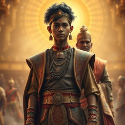 Prince Wicitrawirya, at the youthful age of 17, is portrayed stepping into his role as king, dressed in elaborate Mahabharata-inspired royal attire adorned with intricate patterns and vibrant colors