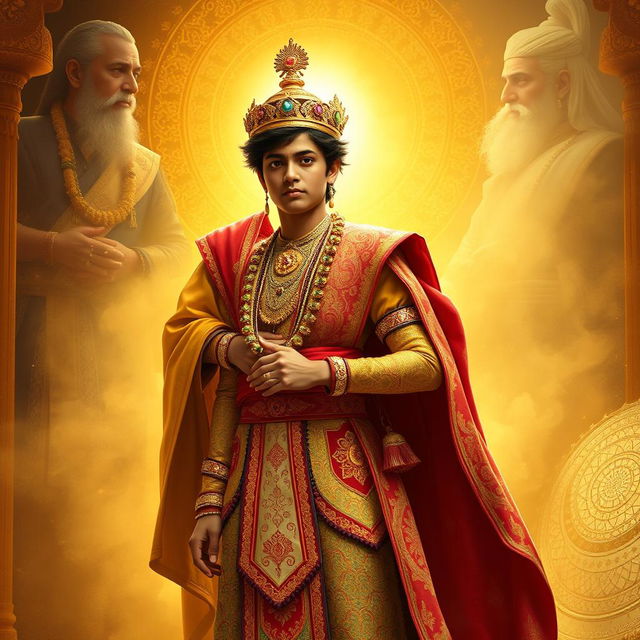 Prince Wicitrawirya, at the youthful age of 17, is portrayed stepping into his role as king, dressed in elaborate Mahabharata-inspired royal attire adorned with intricate patterns and vibrant colors