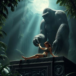 Epic scene of a towering King Kong gazing down upon a helpless, tied-up Lara Croft on an ancient, stone altar