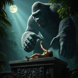 Epic scene of a towering King Kong gazing down upon a helpless, tied-up Lara Croft on an ancient, stone altar