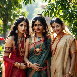 Mahabharata princesses Amba, Ambika, and Ambalika stand together in a picturesque tableau, each exuding their own distinct aura of beauty and grace