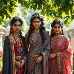 Mahabharata princesses Amba, Ambika, and Ambalika stand together in a picturesque tableau, each exuding their own distinct aura of beauty and grace