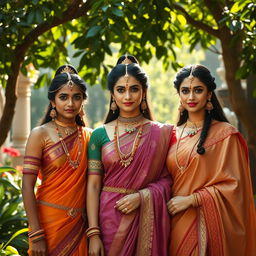 Mahabharata princesses Amba, Ambika, and Ambalika stand together in a picturesque tableau, each exuding their own distinct aura of beauty and grace