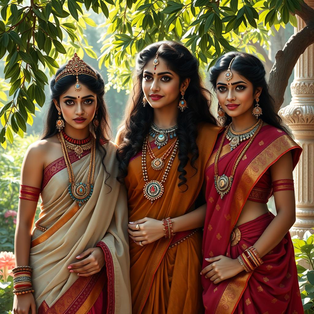 Mahabharata princesses Amba, Ambika, and Ambalika stand together in a picturesque tableau, each exuding their own distinct aura of beauty and grace