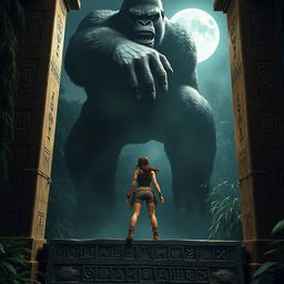 A dramatic scene featuring Lara Croft standing on an ancient altar, hands tied to towering stone pillars on either side