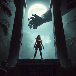 A dramatic scene featuring Lara Croft standing on an ancient altar, hands tied to towering stone pillars on either side