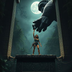 A dramatic scene featuring Lara Croft standing on an ancient altar, hands tied to towering stone pillars on either side