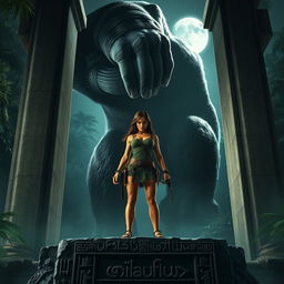 A dramatic scene featuring Lara Croft standing on an ancient altar, hands tied to towering stone pillars on either side