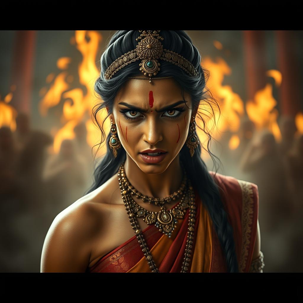 Princess Amba from the Mahabharata is depicted in a moment of intense emotion, her face contorted in a mixture of anger and tears as she curses Bhisma