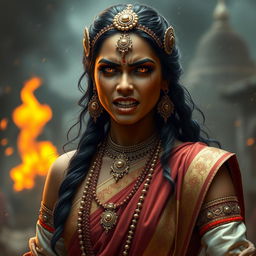 Princess Amba from the Mahabharata is depicted in a moment of intense emotion, her face contorted in a mixture of anger and tears as she curses Bhisma